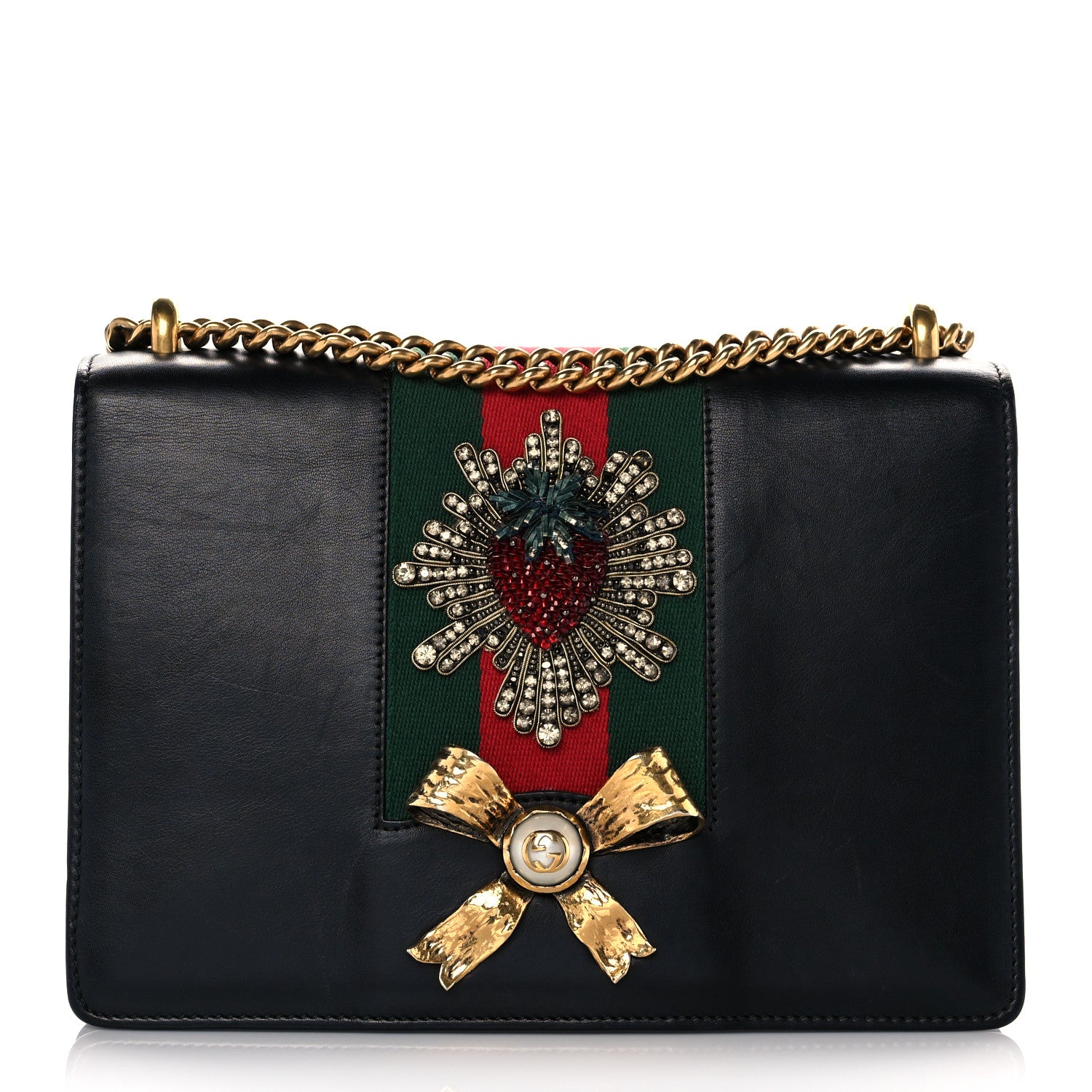 Gucci Calfskin Web Medium Peony Chain Shoulder Bag Black 1 of 11