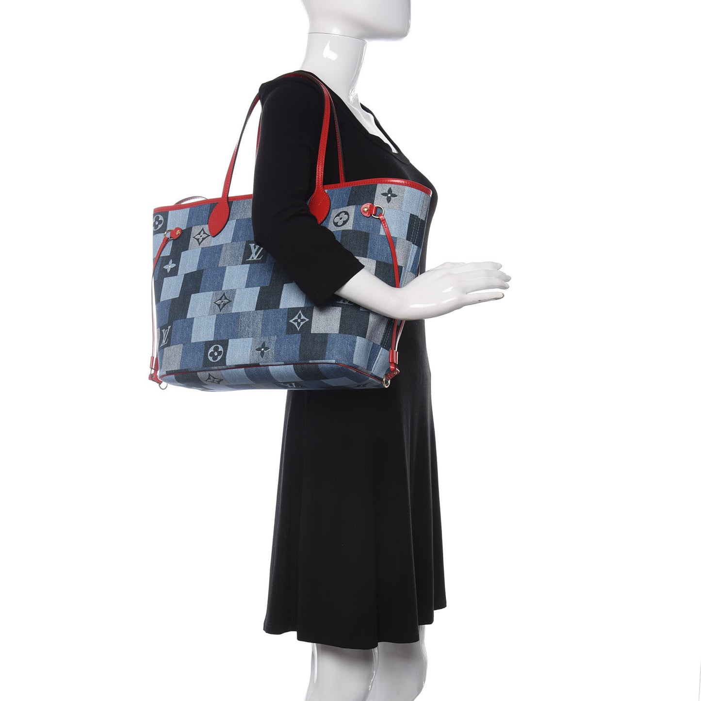 Denim Damier Monogram Patchwork Neverfull Blue Rouge