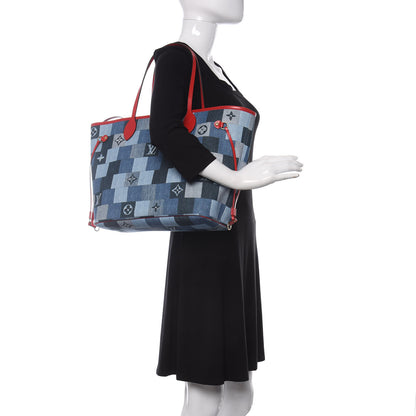 Louis Vuitton Denim Damier Monogram Patchwork Neverfull Blue Rouge 2 of 11