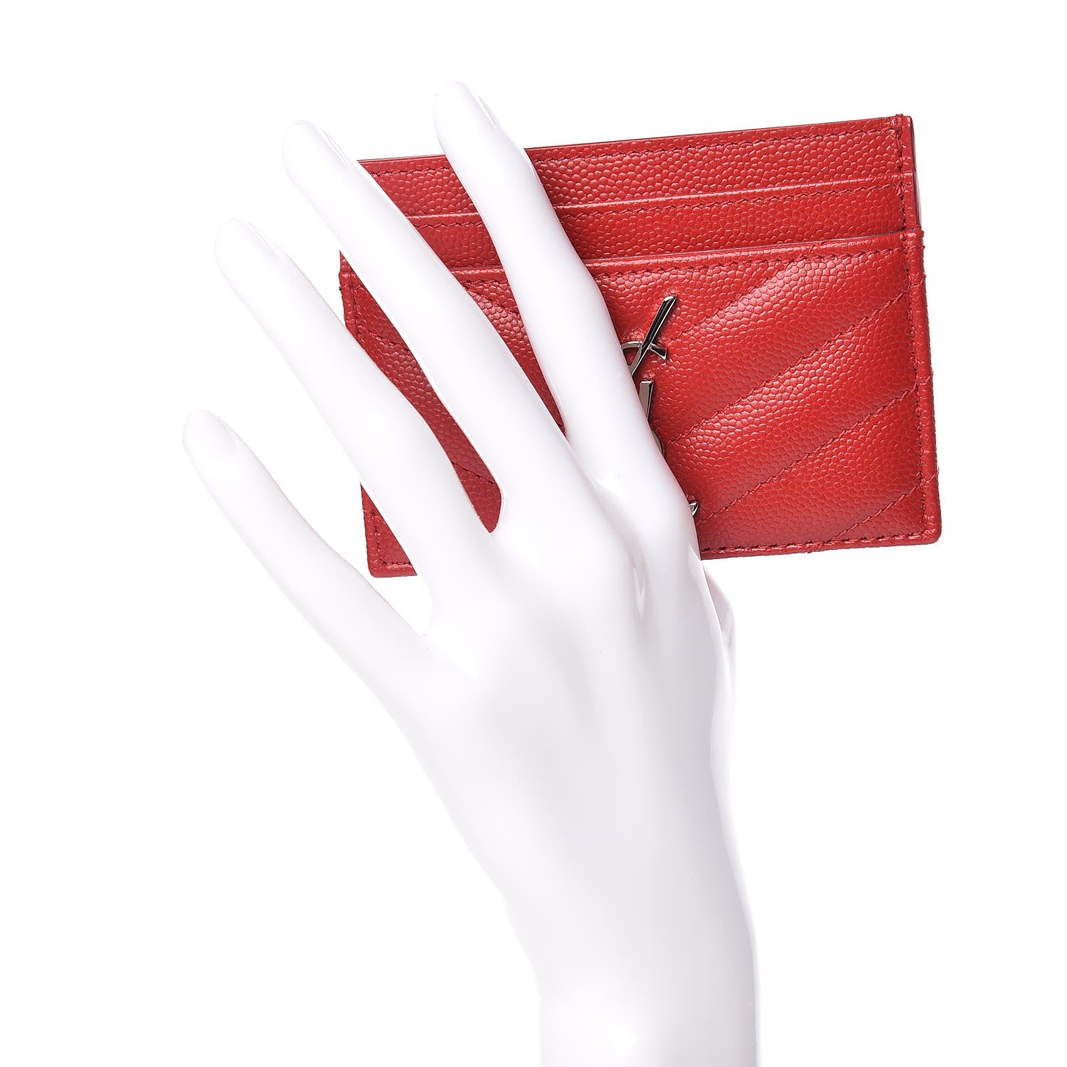Saint Laurent Grain De Poudre Matelasse Chevron Monogram Credit Card Case New Red 2 of 10