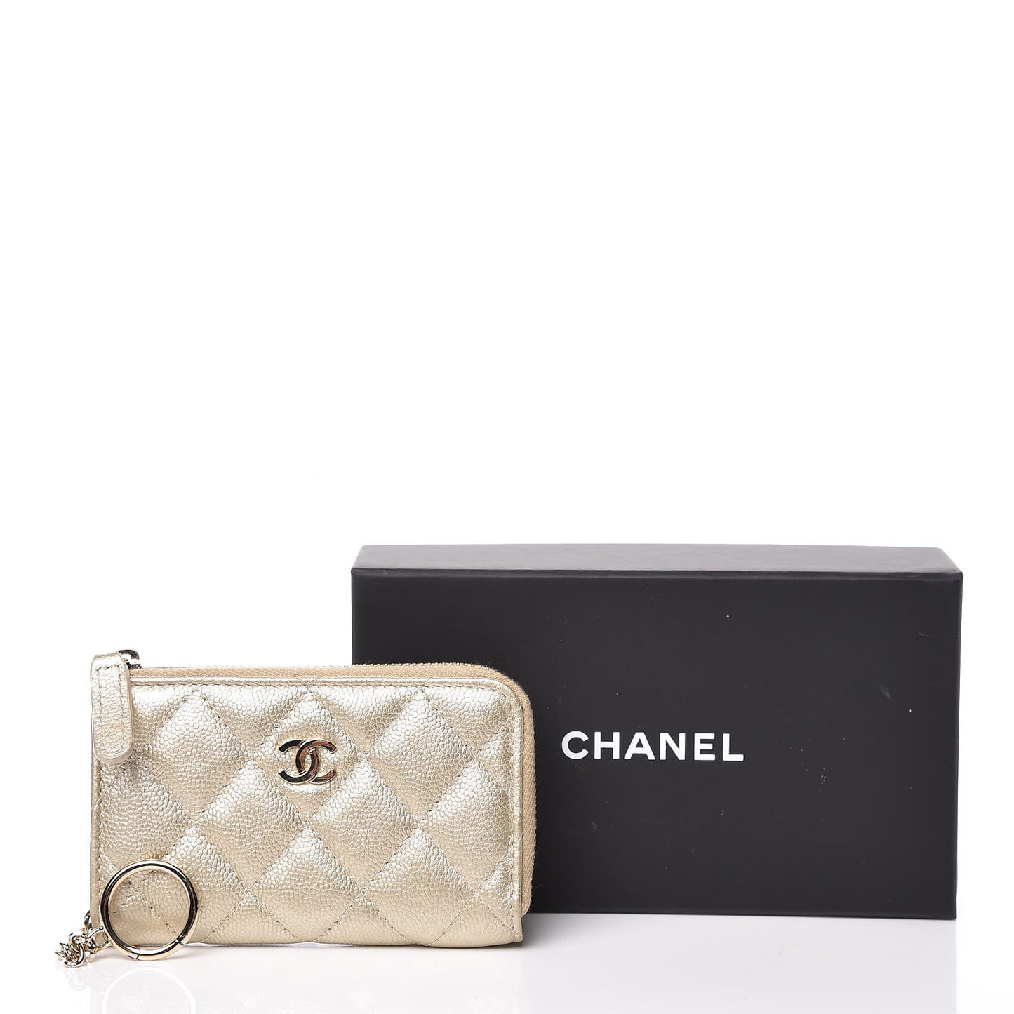 Metallic Caviar Quilted Key Holder Case Light Gold