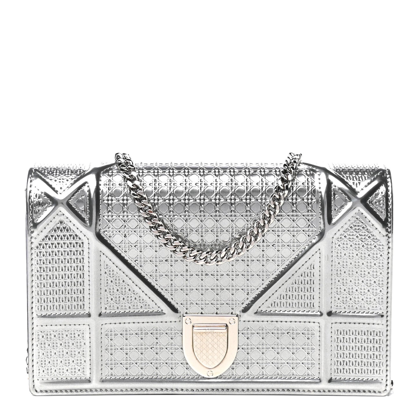 Metallic Patent Micro-Cannage Diorama Wallet on Chain Pouch Silver