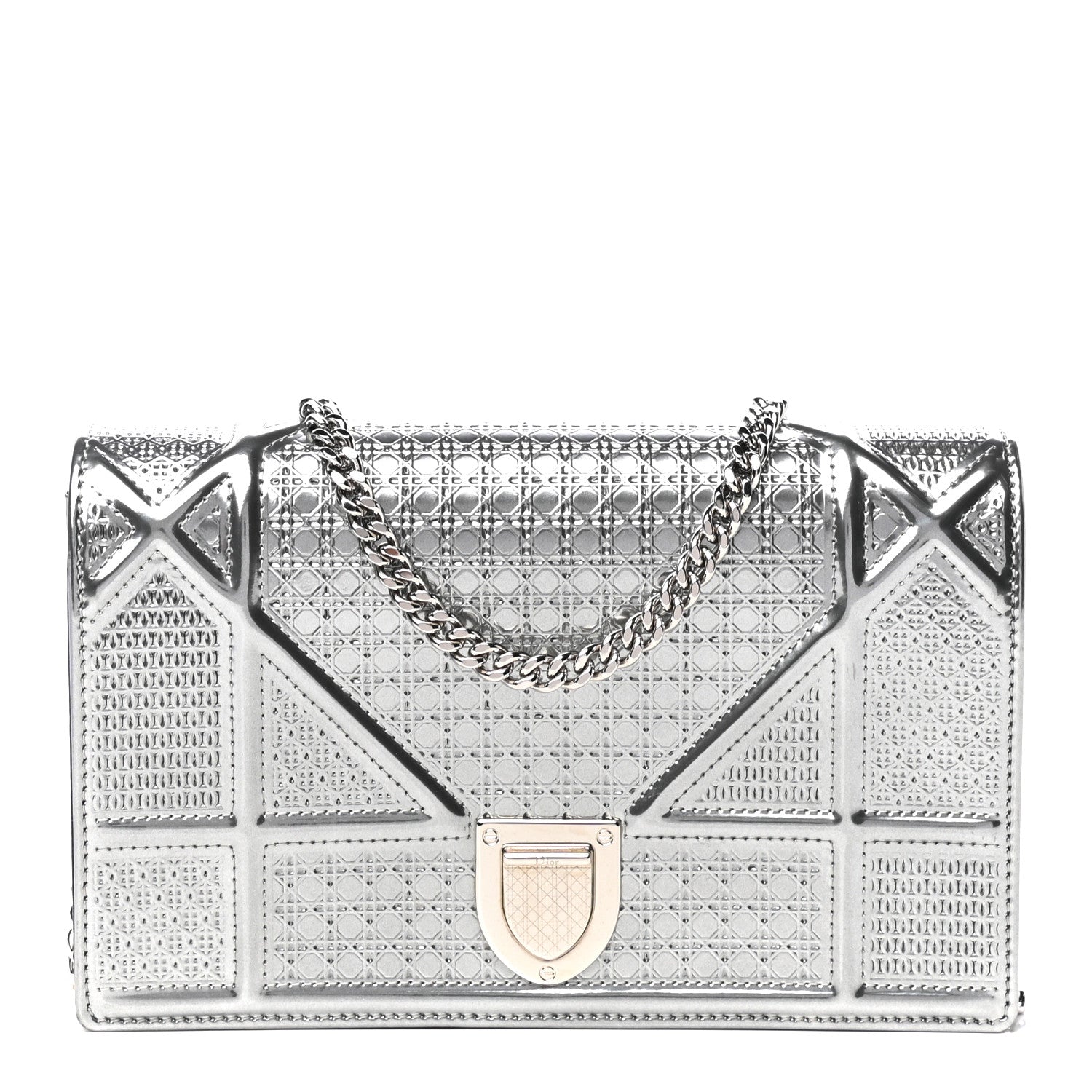 Christian Dior Metallic Patent Micro-Cannage Diorama Wallet on Chain Pouch Silver 1 of 10