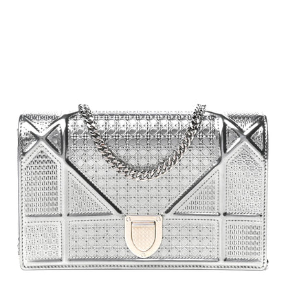 Christian Dior Metallic Patent Micro-Cannage Diorama Wallet on Chain Pouch Silver 1 of 10