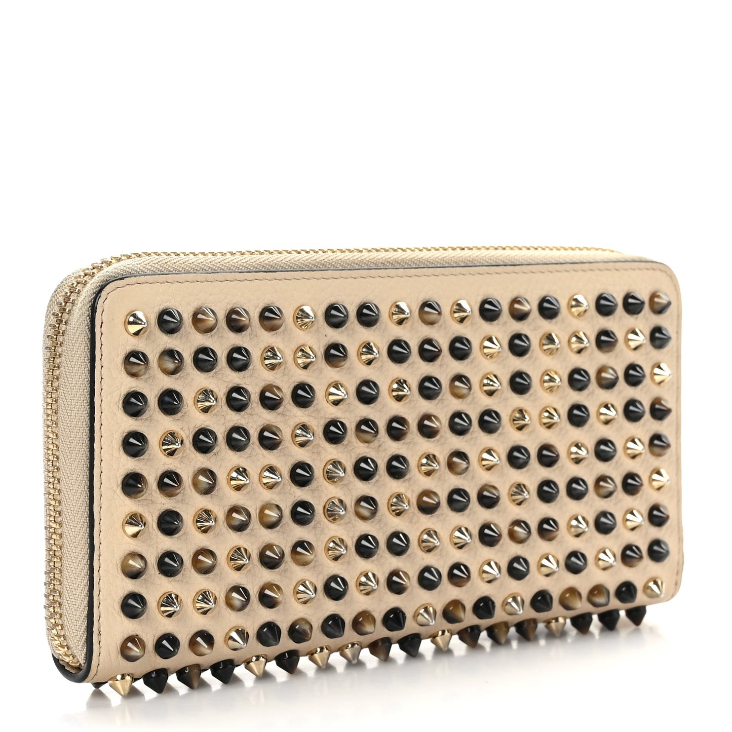 Calfskin Spiked Zip Around Wallet Beige