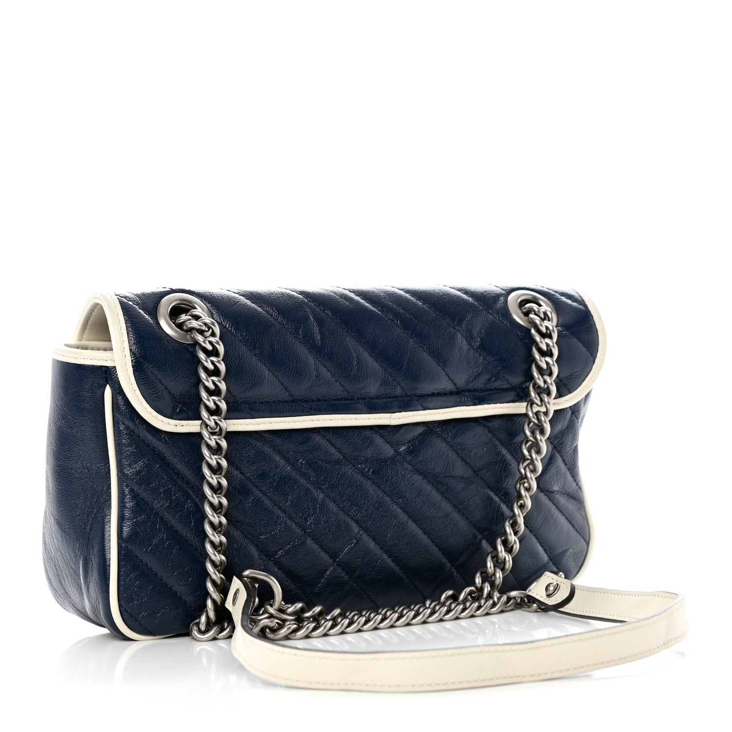Gucci Vintage Effect Calfskin Matelasse Diagonal Small Torchon GG Marmont Shoulder Bag Blue Agata Mystic White 3 of 10