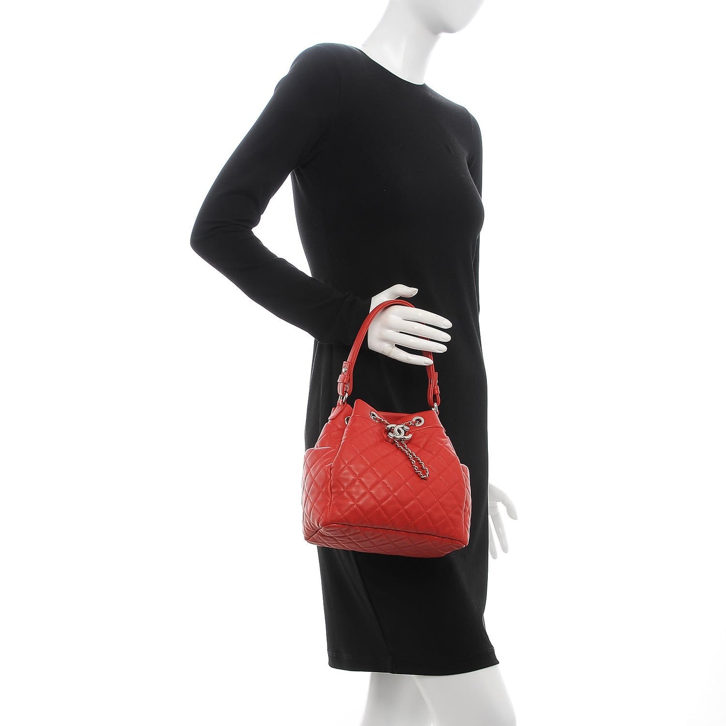 Lambskin Quilted Small CC Chain Drawstring Bucket Bag Red