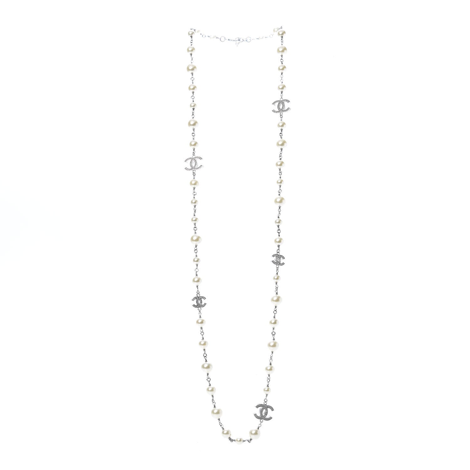Chanel Graduated Pearl Crystal CC Long Necklace Silver 3 of 6