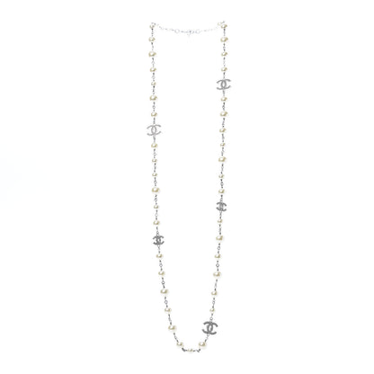 Chanel Graduated Pearl Crystal CC Long Necklace Silver 3 of 6