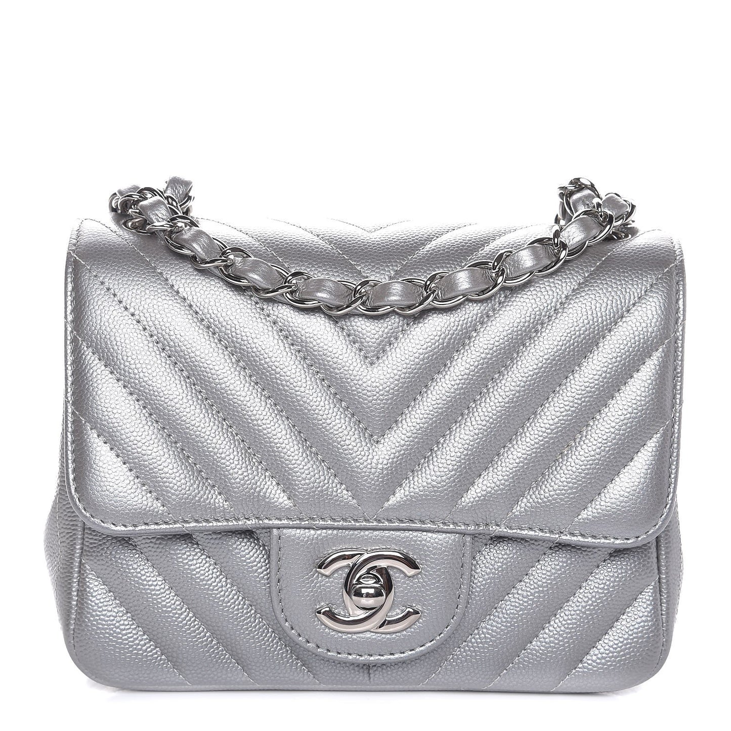 Metallic Caviar Chevron Quilted Mini Square Flap Silver