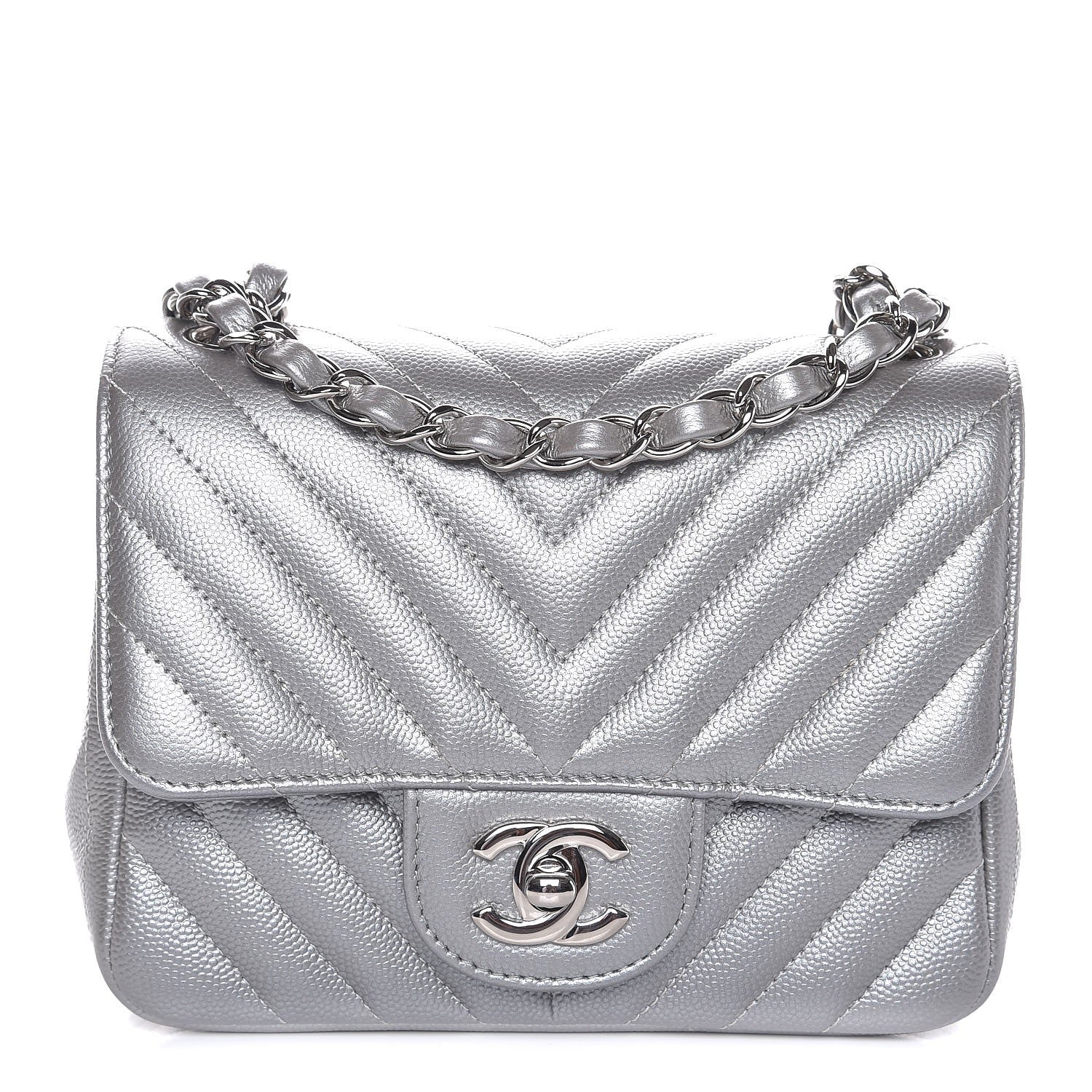 Chanel Metallic Caviar Chevron Quilted Mini Square Flap Silver 1 of 8