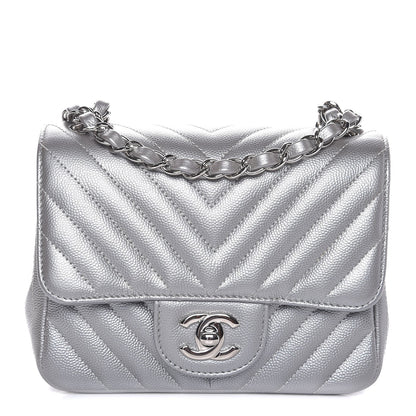 Chanel Metallic Caviar Chevron Quilted Mini Square Flap Silver 1 of 8