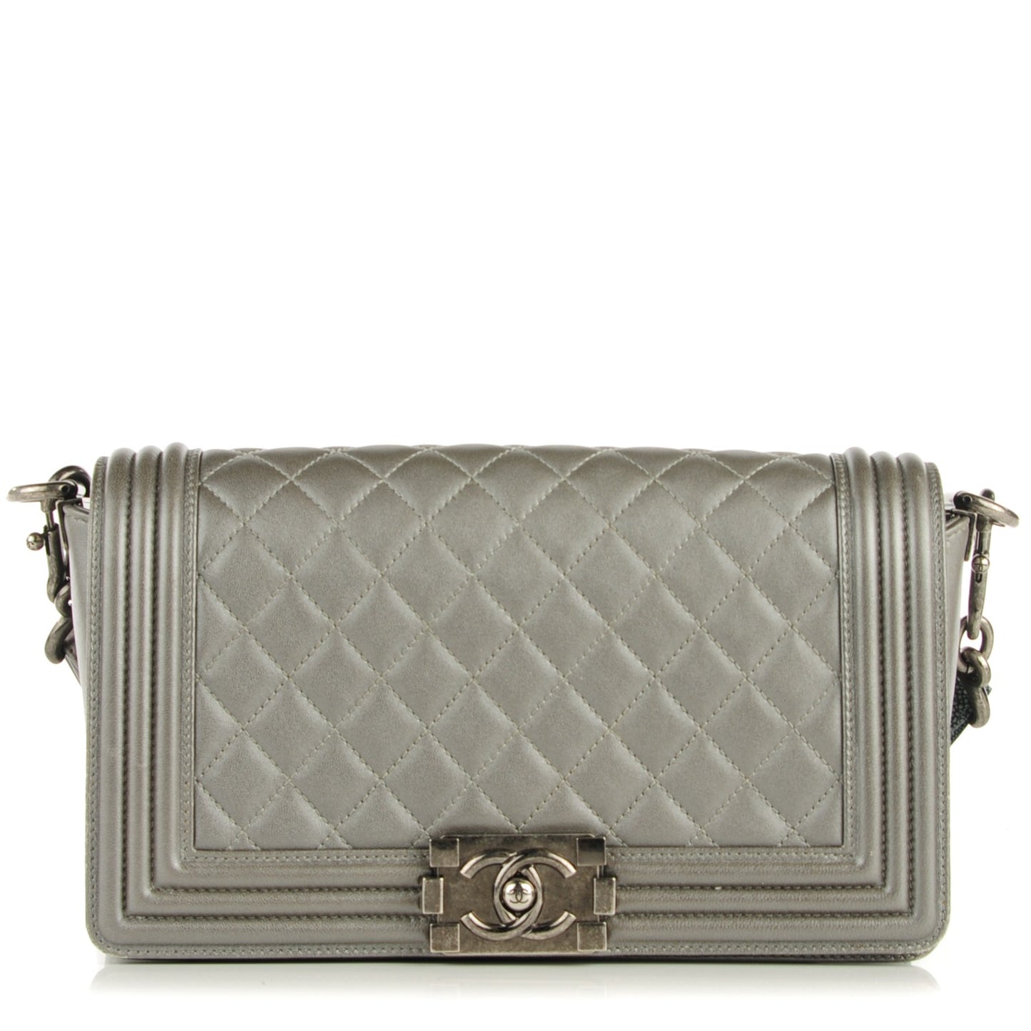 Lambskin Quilted Medium Boy Flap w Stingray Strap Silver
