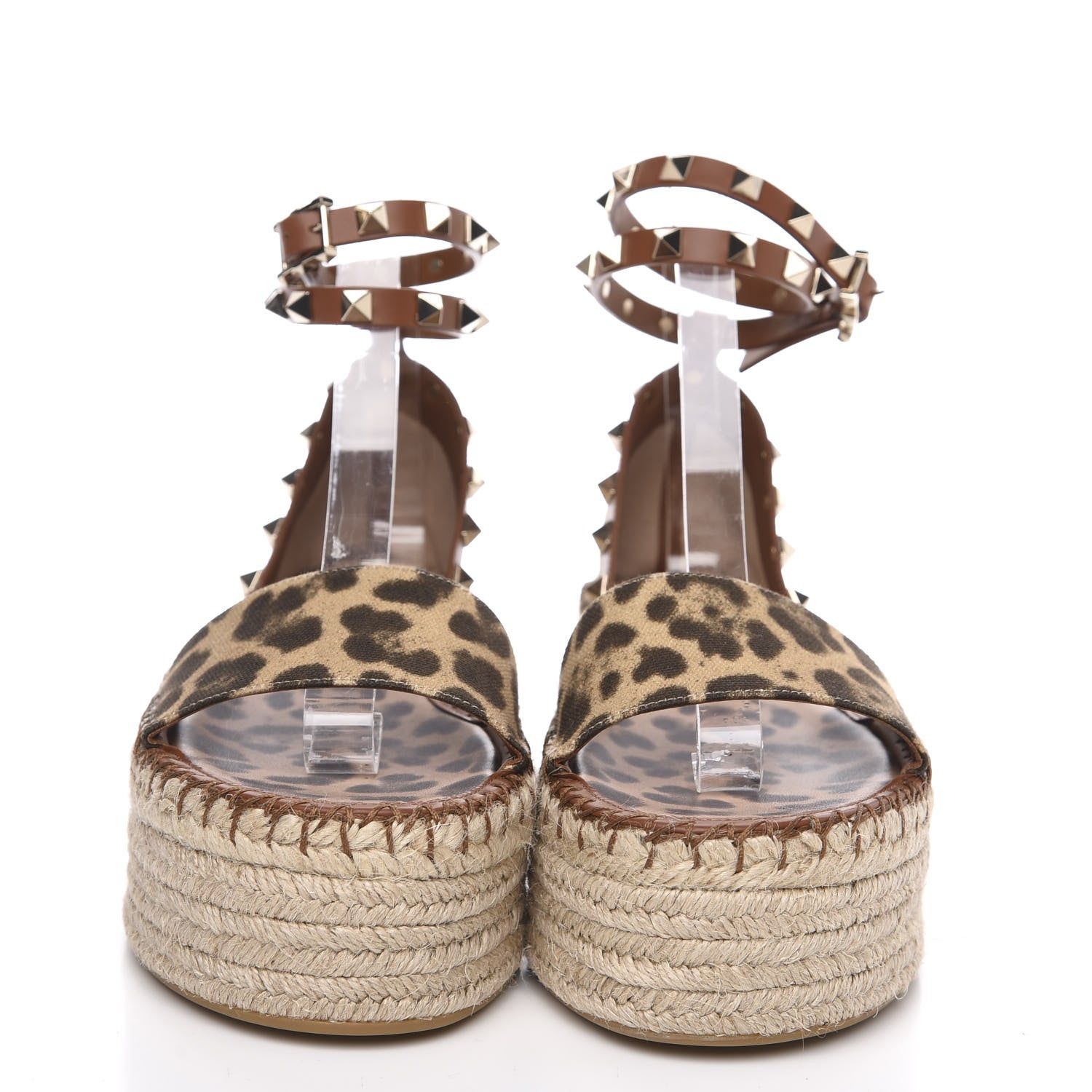Valentino Garavani Canvas Leopard Print Rockstud Ankle Wrap Espadrille Flatform Sandals 36 Brown 2 of 8