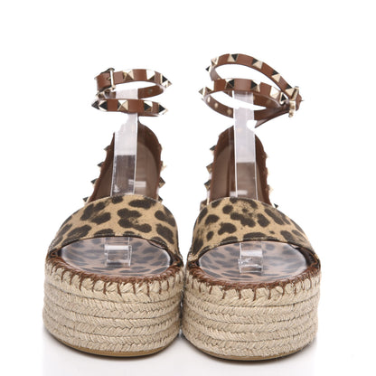 Valentino Garavani Canvas Leopard Print Rockstud Ankle Wrap Espadrille Flatform Sandals 36 Brown 2 of 8