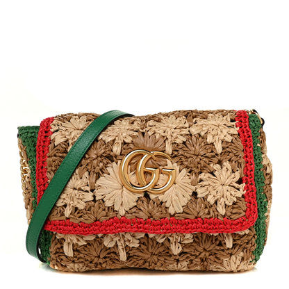 Gucci Raffia Azalea Calfskin Crochet Flower Small GG Marmont Shoulder Bag Natural Ecru Green Red New Shamarock 1 of 9