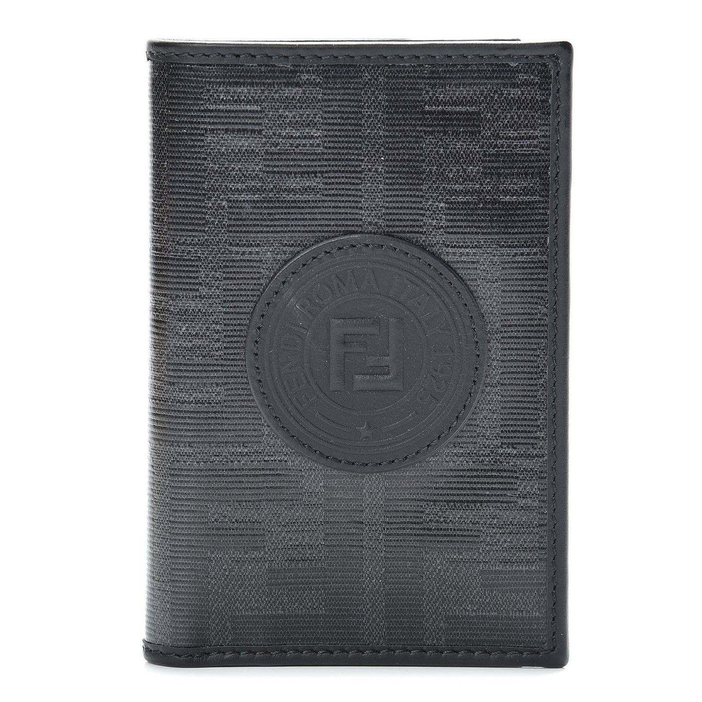 Glazed Fabric Vitello Century FF 1974 Stamp Patch Mens Wallet Black