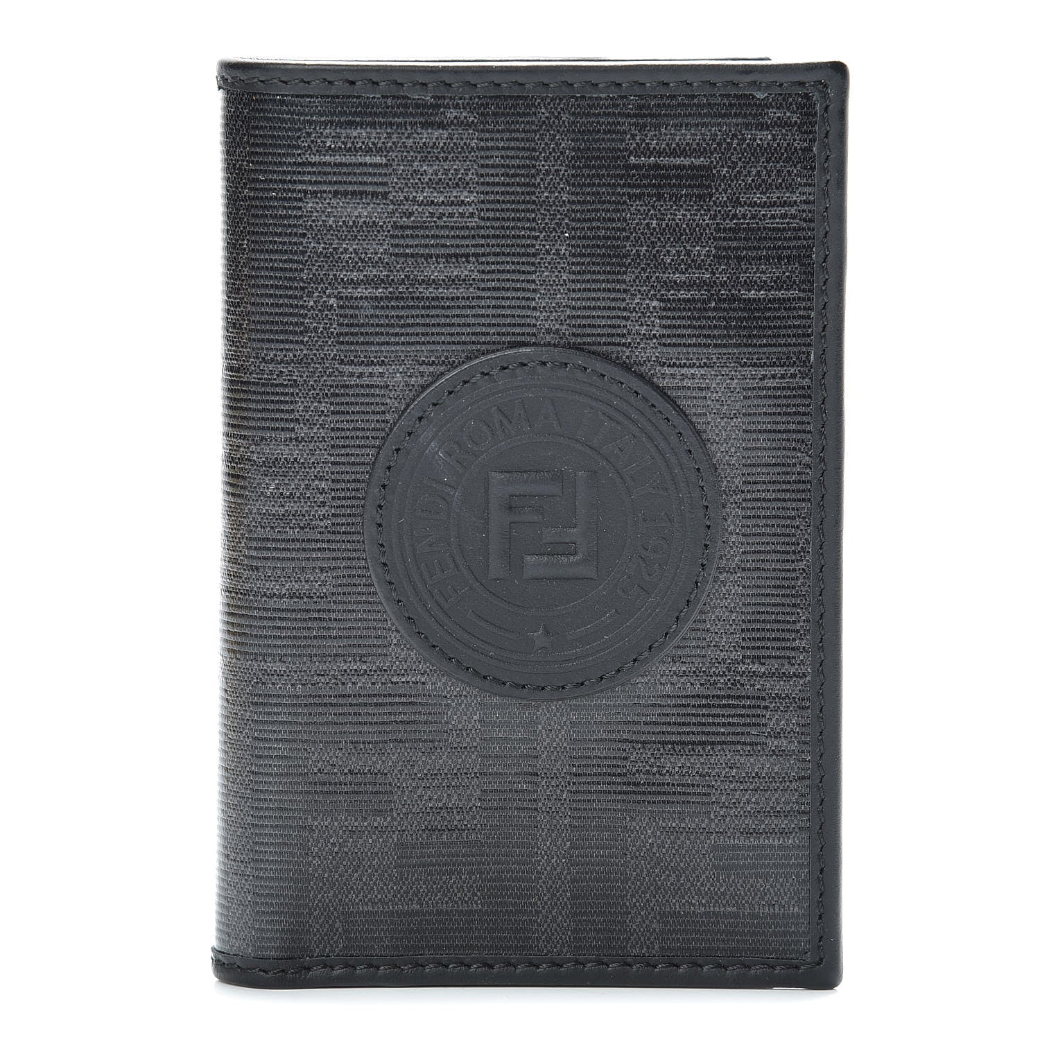 Fendi Glazed Fabric Vitello Century FF 1974 Stamp Patch Mens Wallet Black 1 of 8