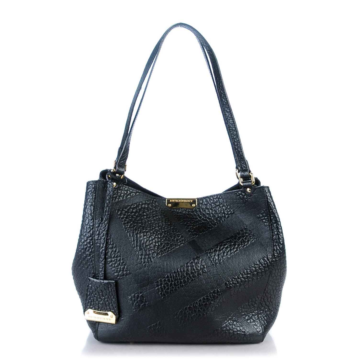 Burberry Signature Grain Calfskin Check Embossed Small Canter Tote Black 1 of 9