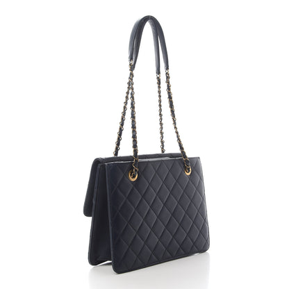 Chanel Sheepskin Quilted Small Beauty Lock Shopping Tote Navy Blue 2 of 8