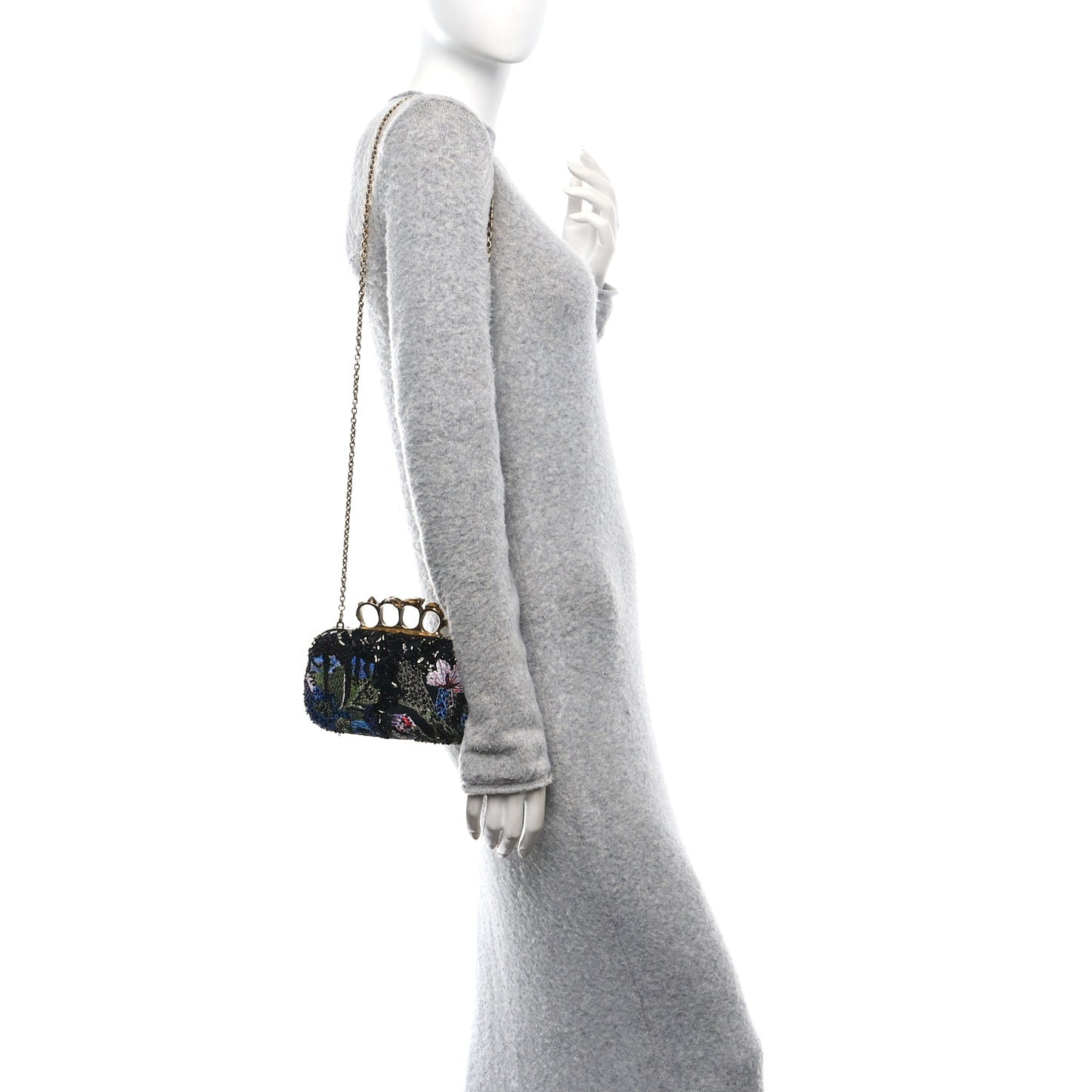 Nappa Embroidered Floral Knuckle Box Clutch Black Multicolor