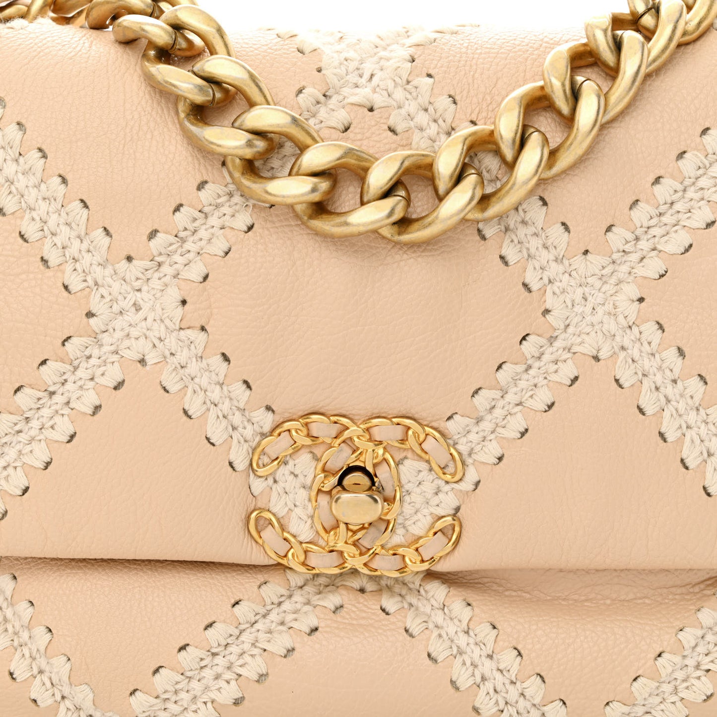 Calfskin Crochet Large Chanel 19 Flap Beige