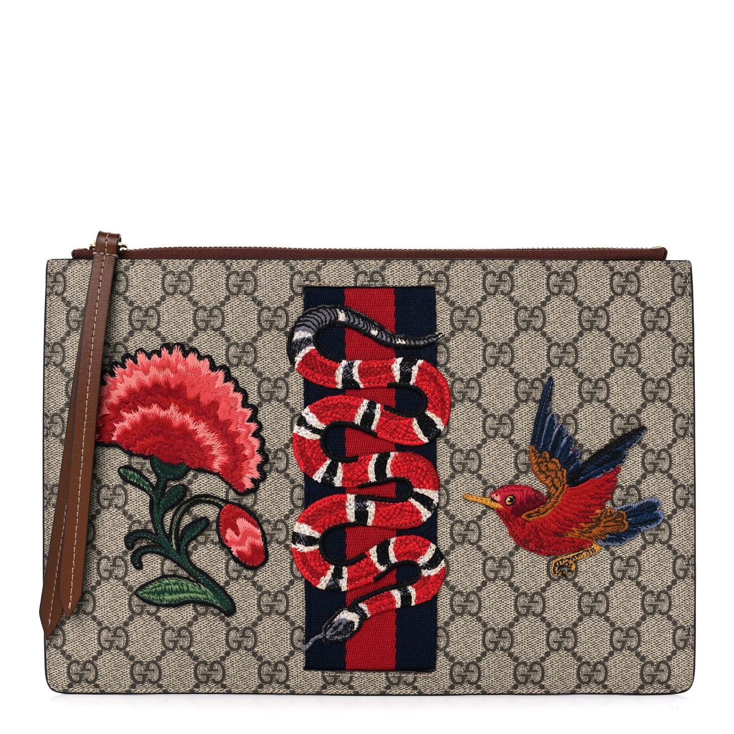 GG Supreme Monogram Web Kingsnake Embroidered Large Zip Pouch Brown