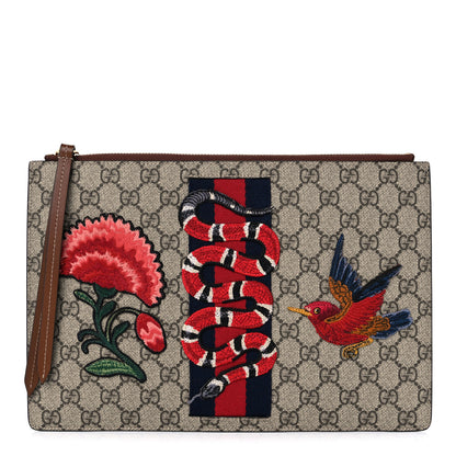 Gucci GG Supreme Monogram Web Kingsnake Embroidered Large Zip Pouch Brown 1 of 10