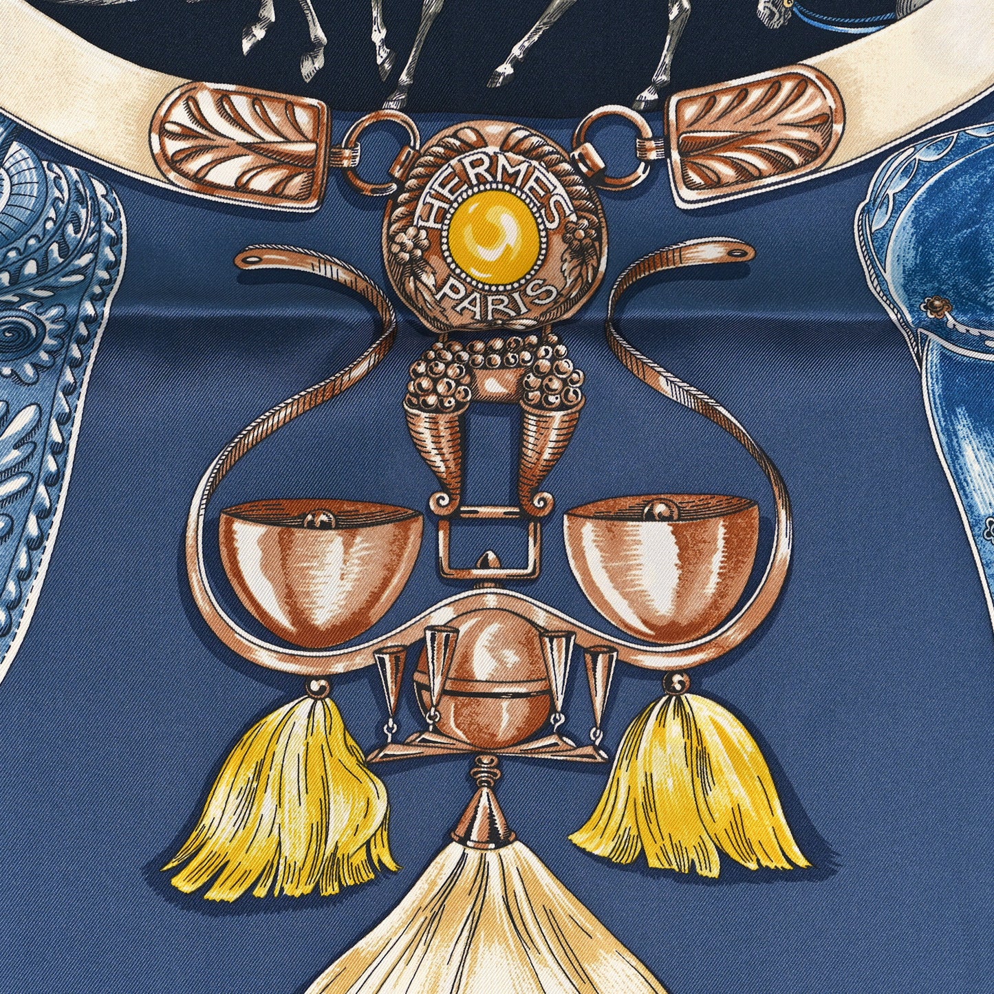 Silk Cavalcades Scarf 90 Ocre Bleu Ardoise Brun