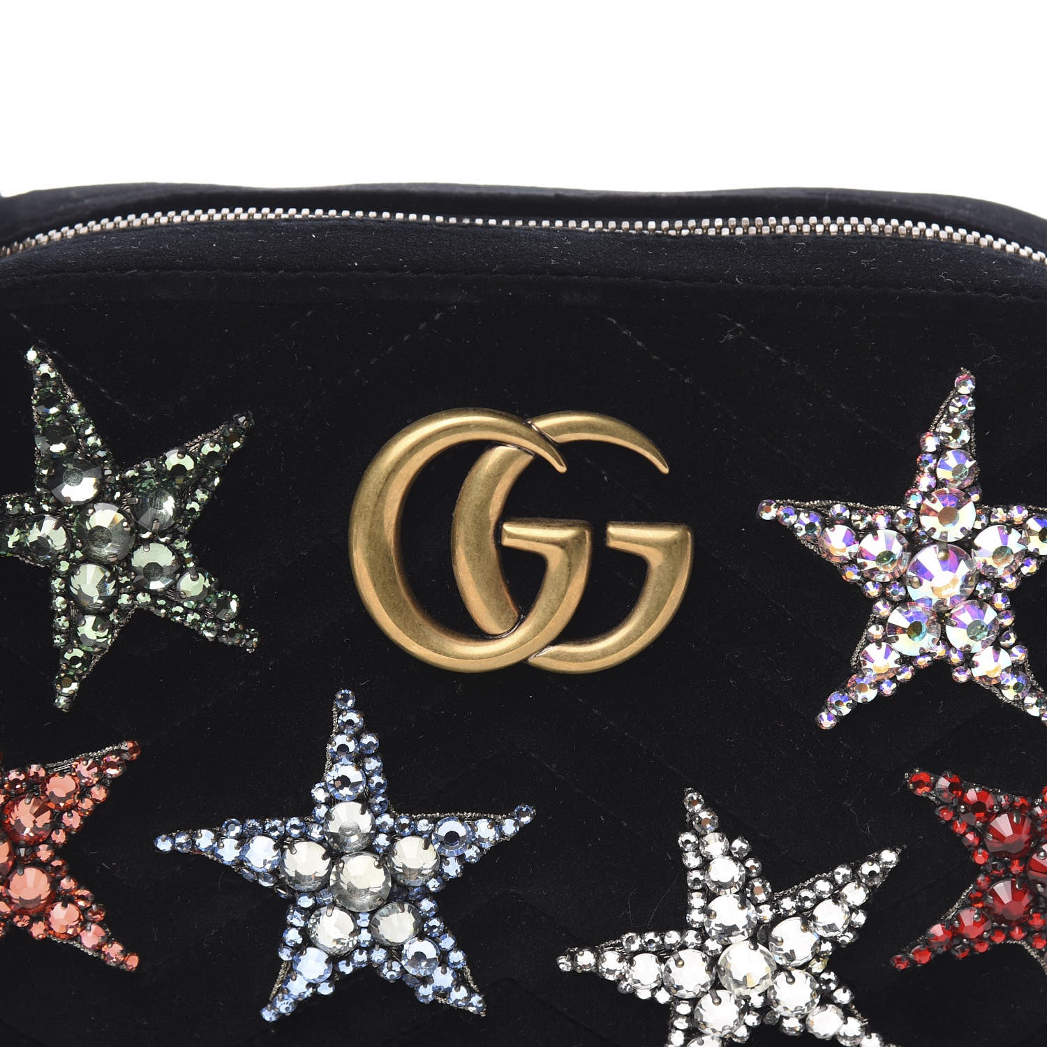 Gucci Velvet Matelasse Crystal Star Embroidered Small GG Marmont Chain Shoulder Bag Black 10 of 10