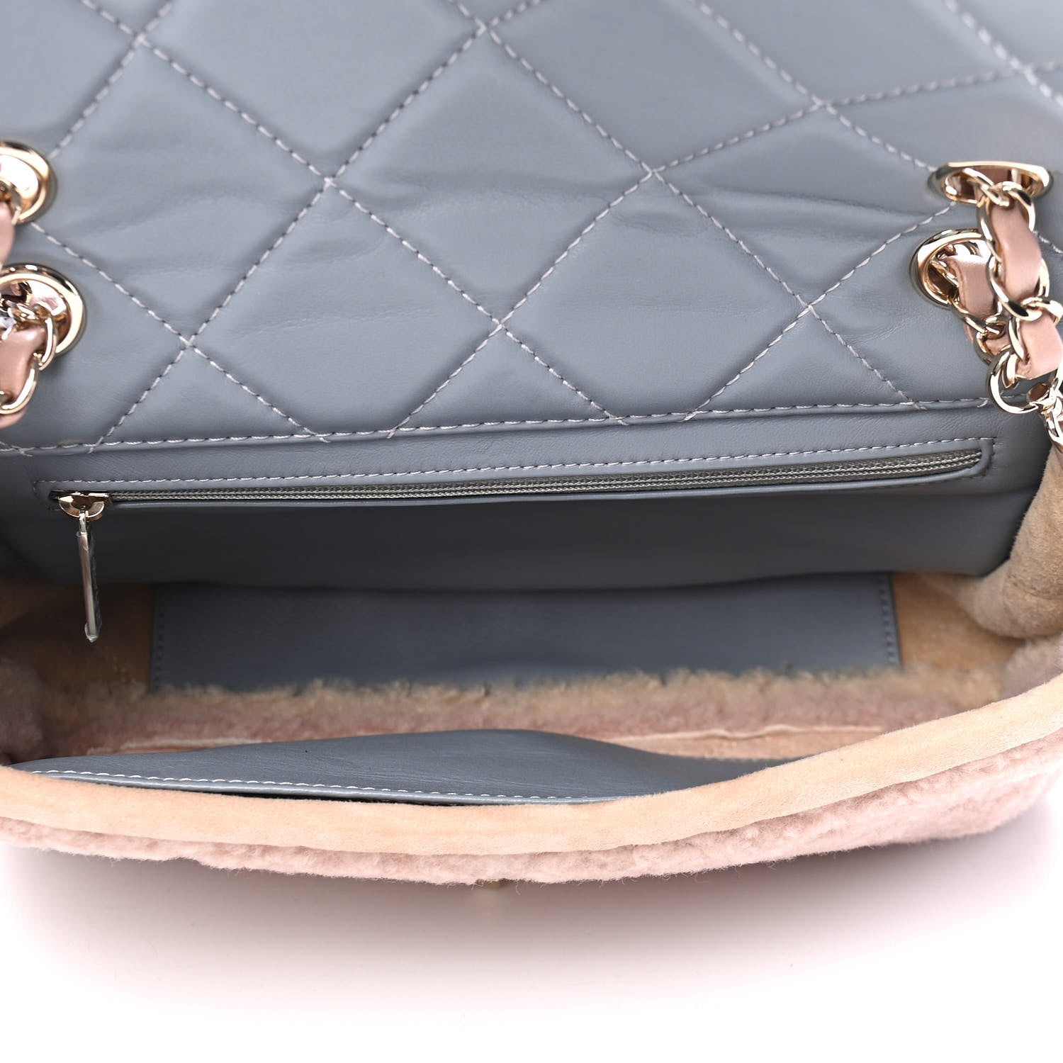Chanel Shearling Sheepskin Single Flap Gray Pink Beige 4 of 5
