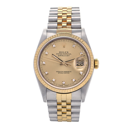 Rolex Stainless Steel 18K Yellow Gold Diamond 36mm Oyster Perpetual Datejust Watch Champagne 16233 1 of 4