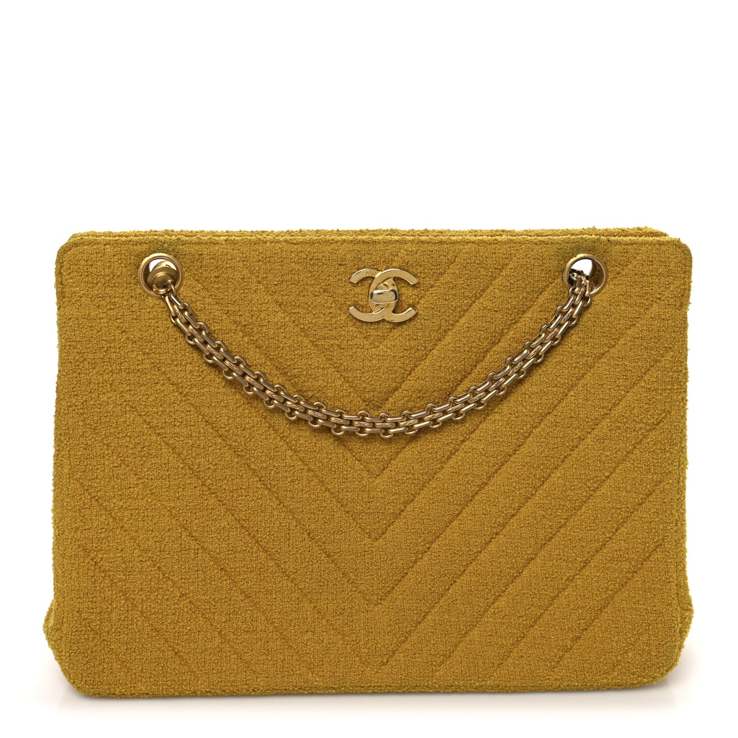 Tweed Chevron Bijoux Chain Shoulder Bag Yellow