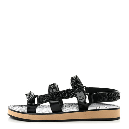 Chanel Laminated Goatskin Chain Sandals 39 Black 1 of 9
