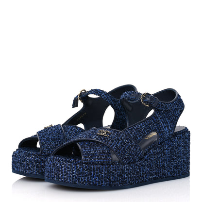 Chanel Silk Linen Tweed Quilted CC Platform Sandals 39.5 Navy Blue Gray 4 of 11