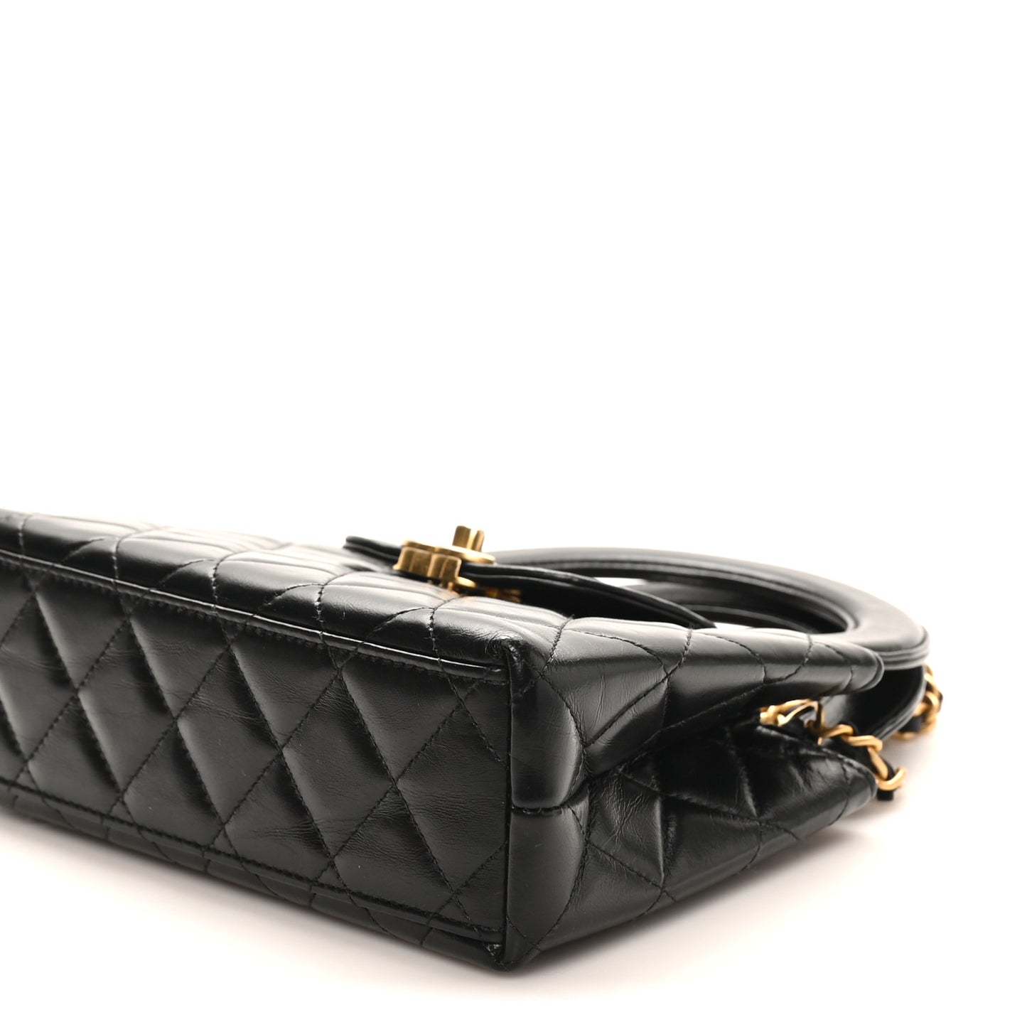 Shiny Aged Calfskin Quilted Nano Kelly Shopper Black