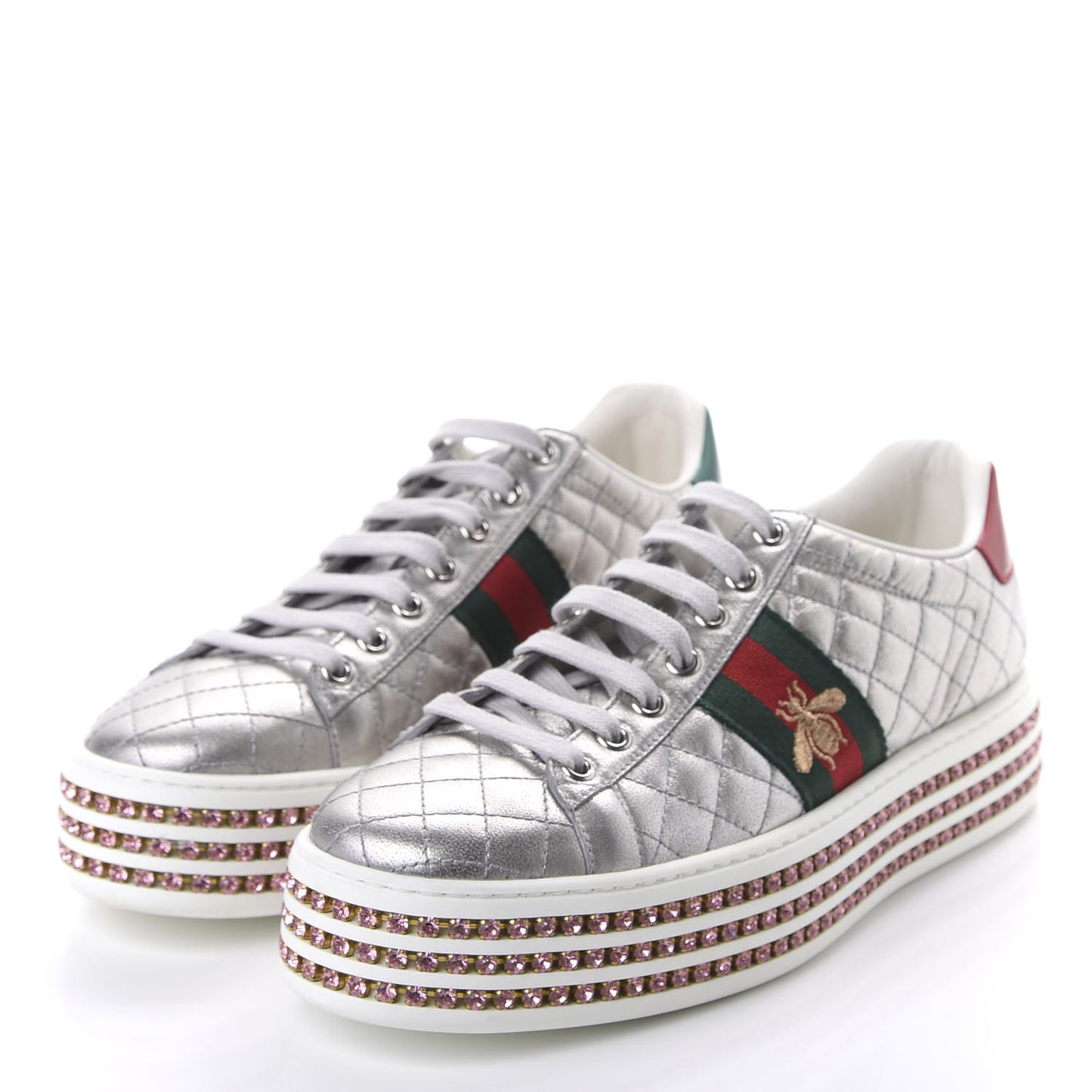 Laminated Nappa Crystal Web Bee Embroidered Trapuntata Womens Ace Platform Sneakers 38.5 Argento