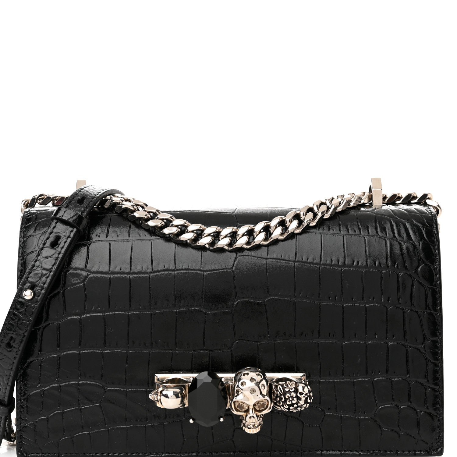 Alexander McQueen Shiny Calfskin Crocodile Embossed Knuckle Jeweled Crossbody Black 7 of 10