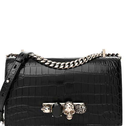 Alexander McQueen Shiny Calfskin Crocodile Embossed Knuckle Jeweled Crossbody Black 7 of 10