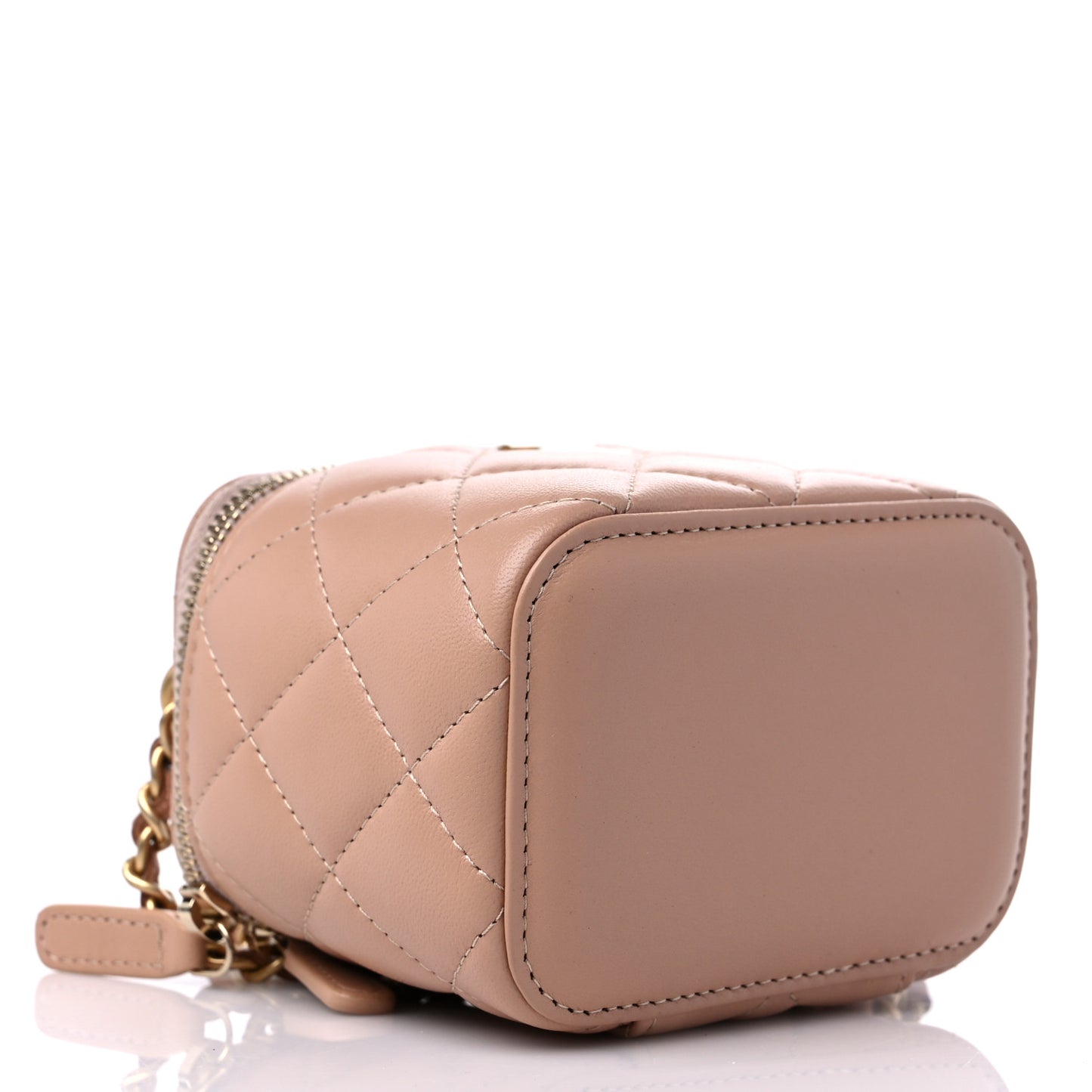 Lambskin Quilted Top Handle Mini Vanity Case With Chain Beige