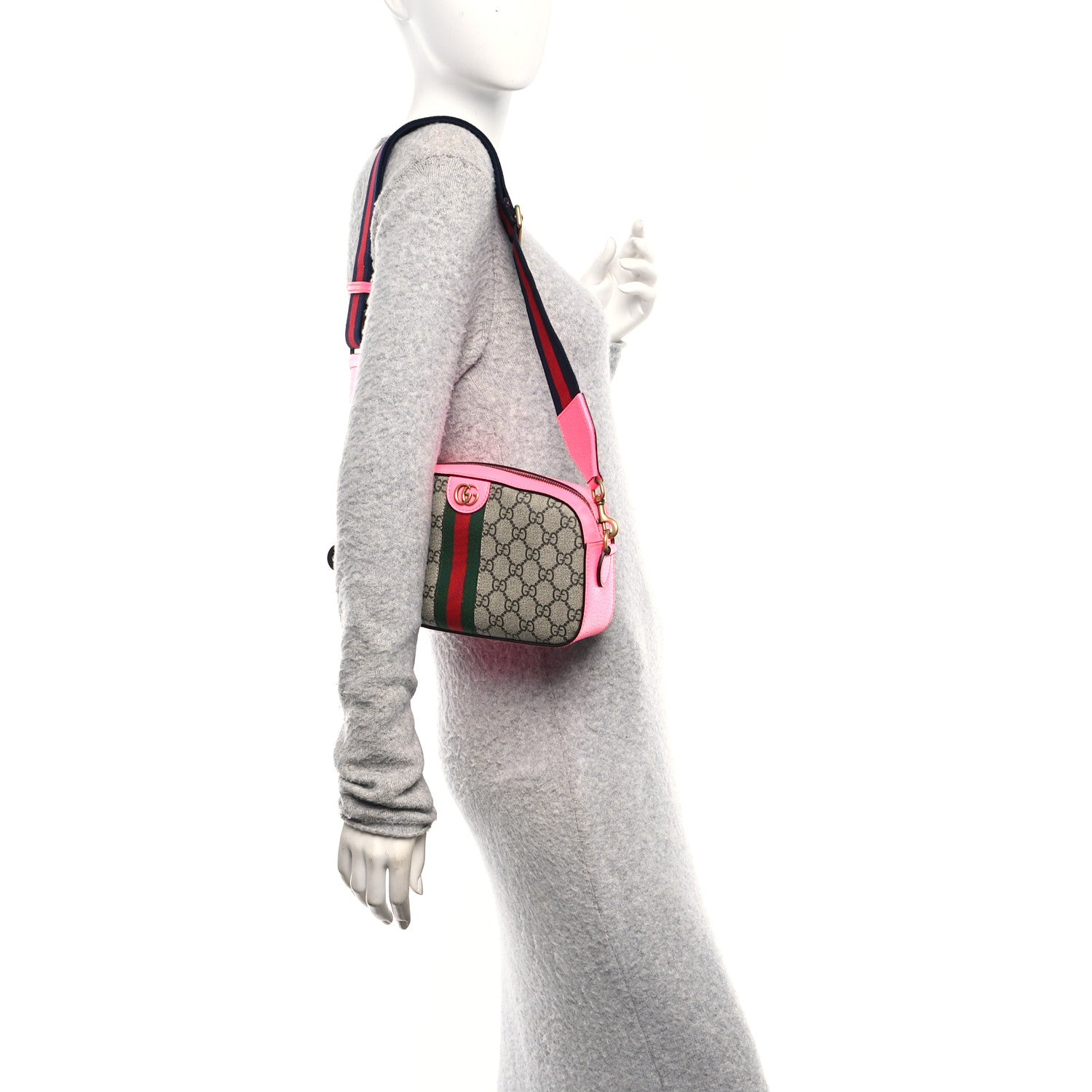 Gucci GG Supreme Monogram Textured Dollar Calfskin Web Ophidia Small Crossbody Bag Beige Ebony Fuchsia 2 of 10