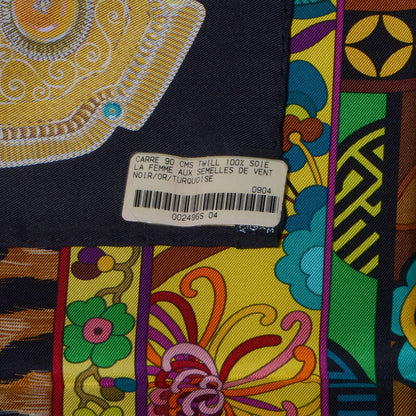 Hermes Silk La Femme Aux Semelles De Vent 90cm Scarf Noir Or Turquoise 6 of 6