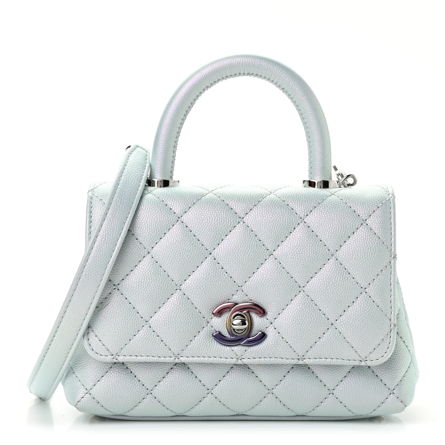 Iridescent Caviar Quilted Extra Mini Coco Handle Flap Light Blue