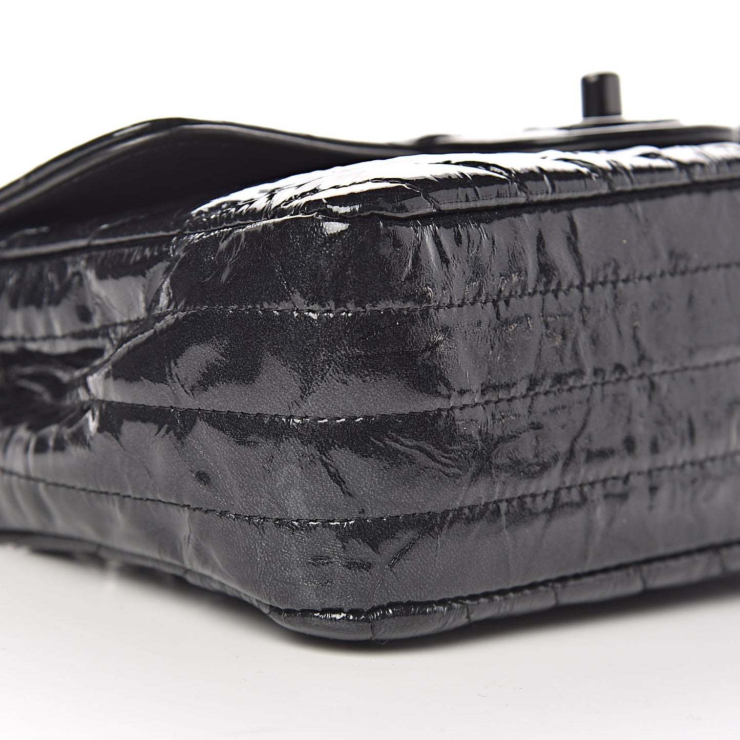 Patent Metallic Crumpled Calfskin Chevron Quilted Mini Rectangular Flap So Black