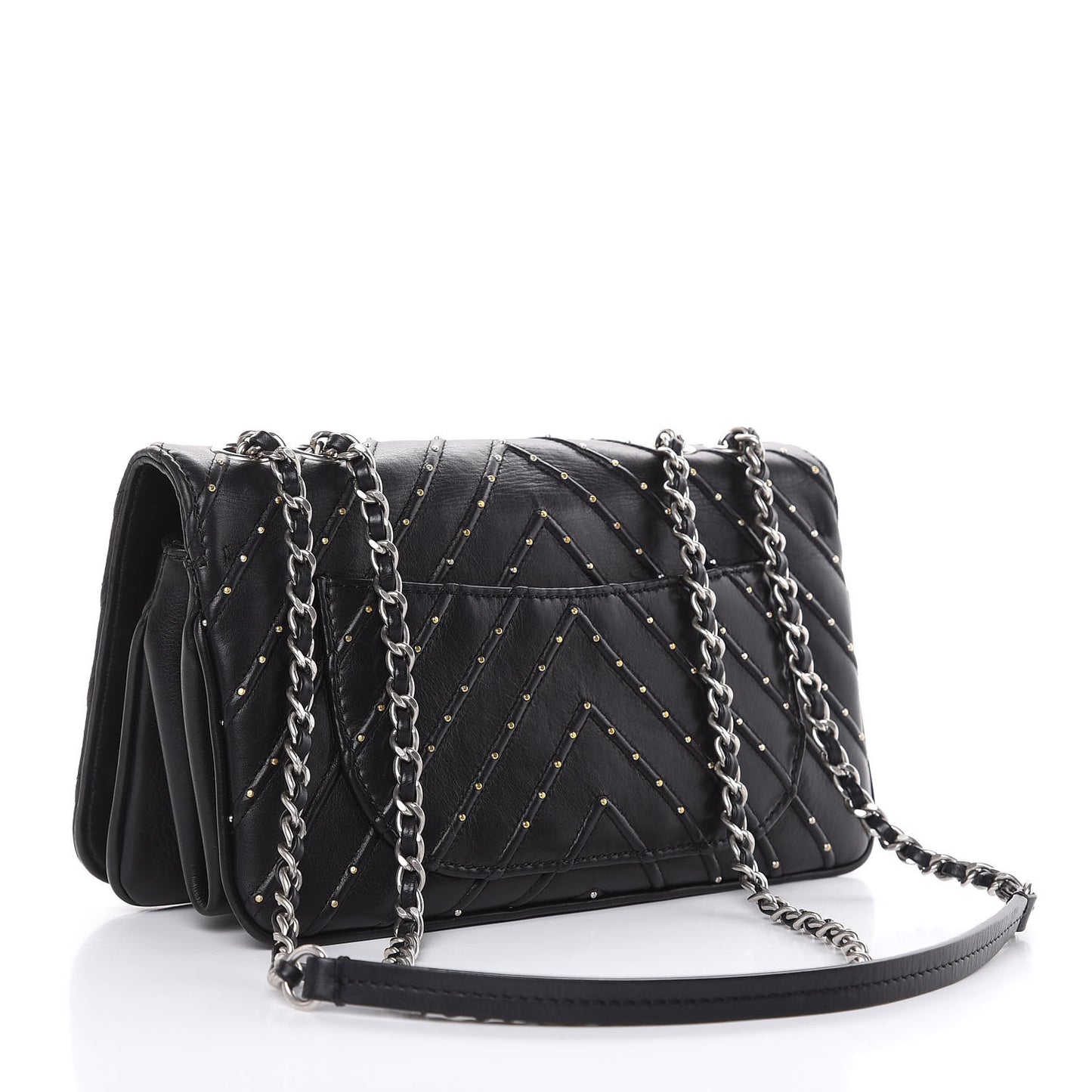 Calfskin Studded Chevron Quilted Flap Black
