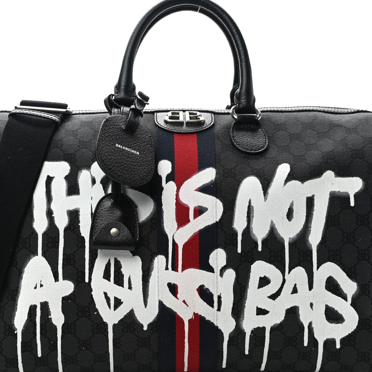 X BALENCIAGA BB Monogram Web Graffiti Medium Ophidia Carry-On Duffle Bag Black