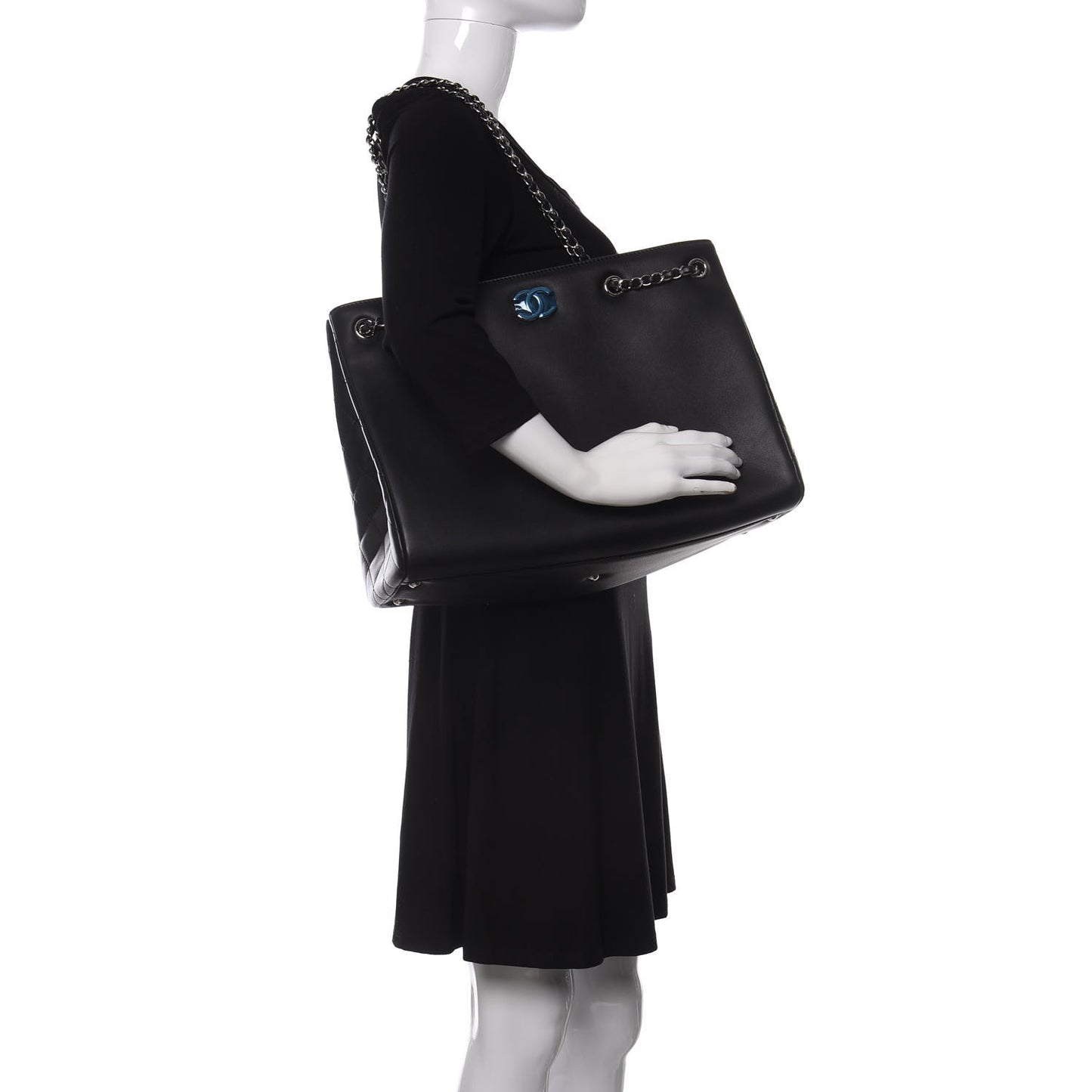 Calfskin Woven Chain Large Shopping Bag Black
