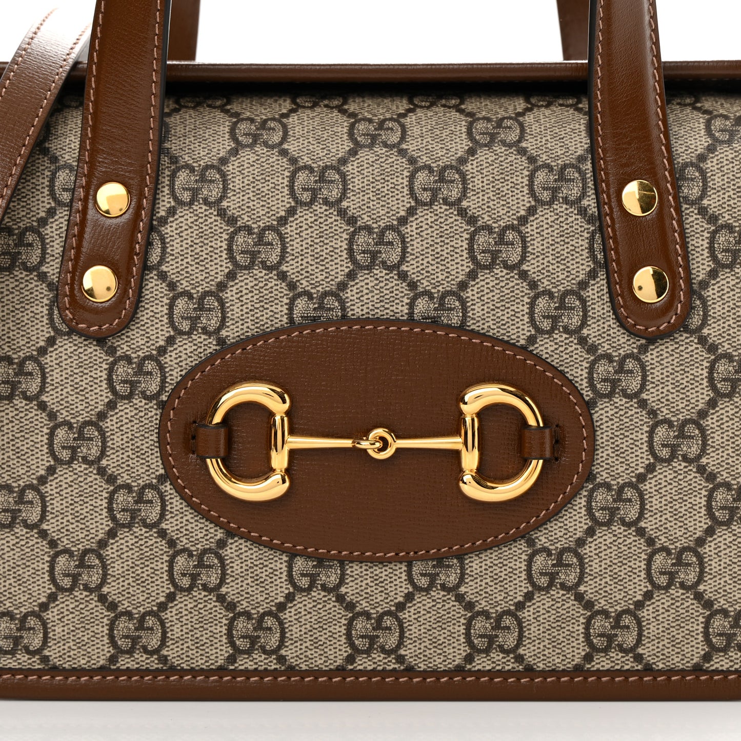 GG Supreme Monogram Azalea Calfskin Mini Horsebit 1955 Foldover Top Handle Bag Beige Ebony Brown Sugar