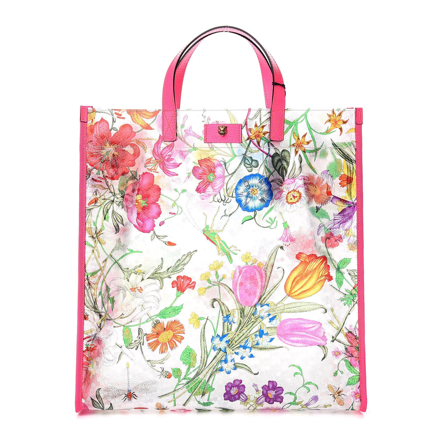 Calfskin Textured Vinyl Print Flora Tote Fluorescent Fuchsia