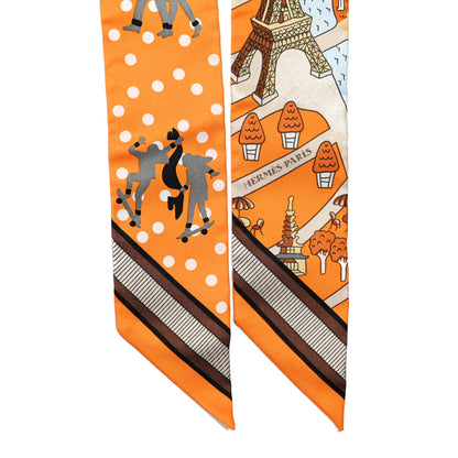 Hermes Silk Les Nouveaux Amoureux de Paris Twilly Orange Ciel Beige 2 of 4